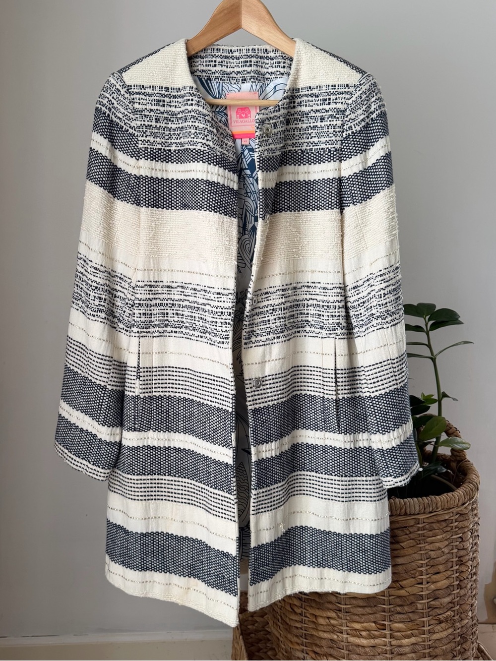 Women's Anthropologie VILAGALLO Sofia Blue White Tweed Coat Size 42 (US 10-12)